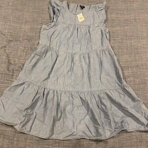 J. Crew Recycled Cotton Tiered Ruffle Sleeve Dress Blue Size 12 NWT Orig: $98